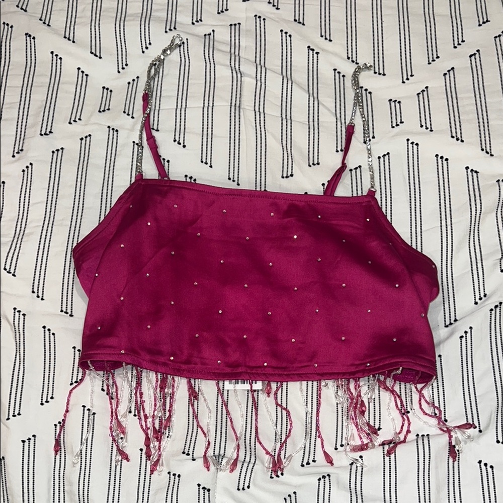 NWT UO Fuchsia Rhinestone and Beaded Fringe Crop Tank